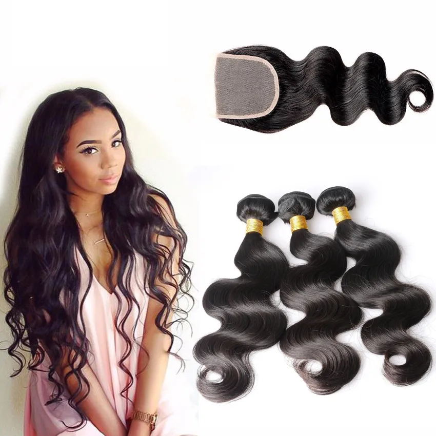 Brazilian Body Wave Human Hair 3 Bundles With Closures Natural Black Color