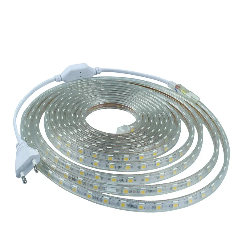 220 فولت smd5050 led الشريط فليكس led قطاع مع السلطة الاتحاد الأوروبي التوصيل 60 led / m ip67 للماء الرئيسية الديكور سلسلة الإضاءة شحن مجاني