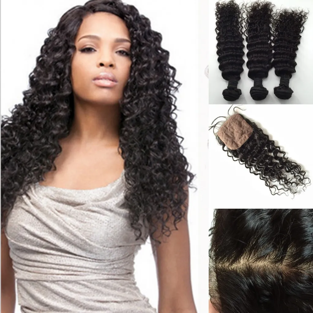 Hair Closure Virgin Peruvian Hair Extensions Natural Color middle part silk closures (4x4) with Bundles Hair 3pc deep wave