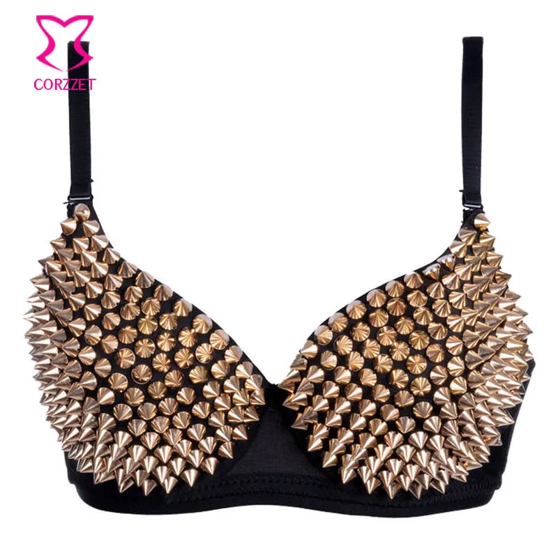 Punk Gold Nieten Verzierte Sujetadors Push-Up Bh Top Sexy Bauchtanz Club Unterwäsche Mit Spikes Bralette Bhs Für Frauen Brasier mujer