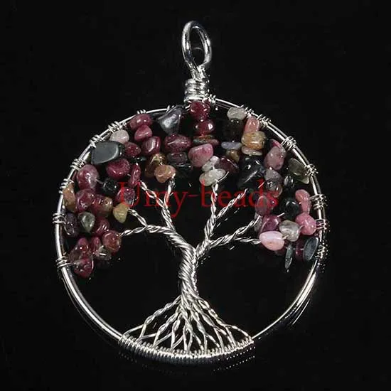 Hela 10st Silver Plated Natural Gravel Gemstone Winding Round Shape Beads Tree of Life Hearling Ponit Chakra Stone Pendant J265T