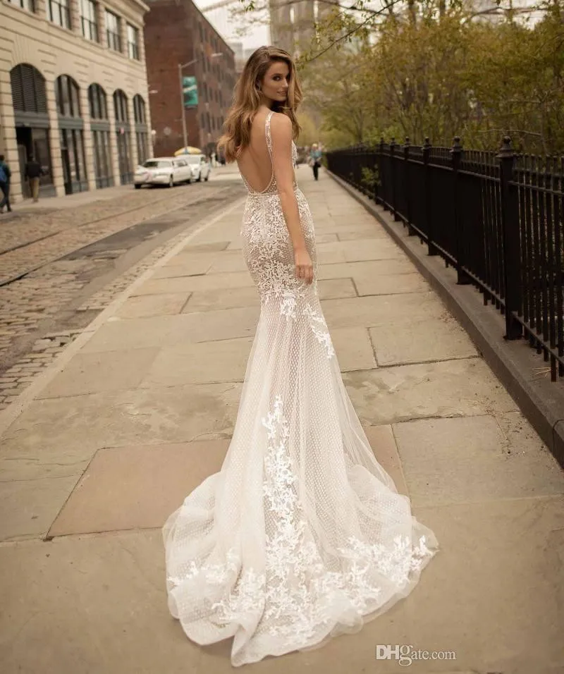 2019 Berta Dentelle Robes De Mariée Sirène Cape Détachable Plongeant Cou Dos Nu Robes De Mariée Tulle Sheer Plus La Taille Robe De Mariée