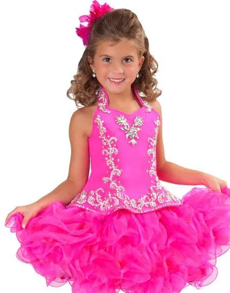 Glitz Halter Organza Robes De Fille De Pageant Avec Des Fleurs Princesse Dos Nu Courtes Mini Robes De Bal En Cristal Coupe Gâteau Robes D'enfant RGB212