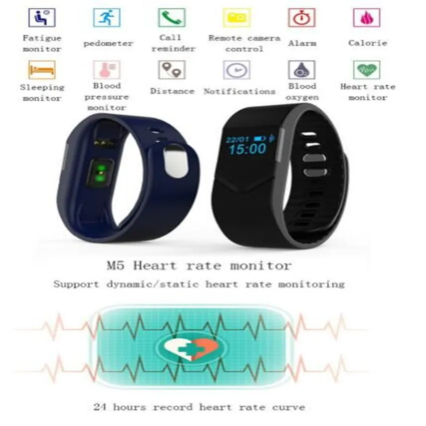 Health Wristwatch M5 Smart Watch Pressão arterial Blood Oxygen Fitness para iPhone Android Phones Sport Watch Freqüência cardíaca Monitorando 14405520