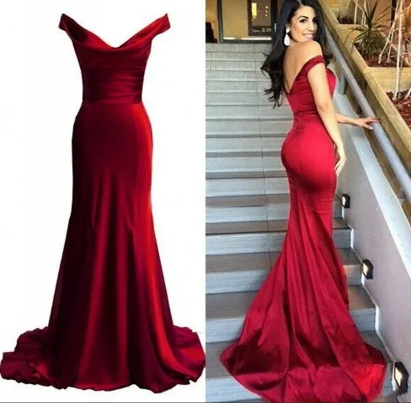 Sexy justo Sereia Vestido de Noite Dark Red Off the Shoulder Ruched drapeado V Neck mangas baratos Prom Dresses Visitante Vestido Custom Made