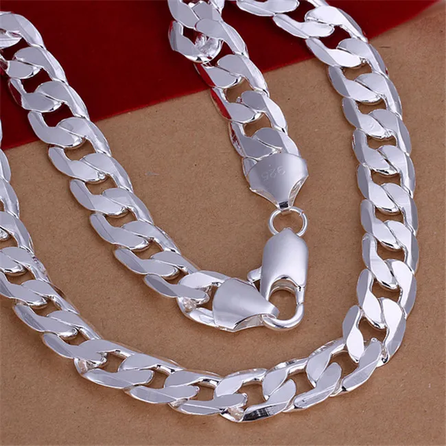 Tung 66g 12mm Flat Sideways Halsband Män Sterling Silver Necklace Stsn202, Partihandel Fashion 925 Silver Chains Necklace Factory Direktförsäljning