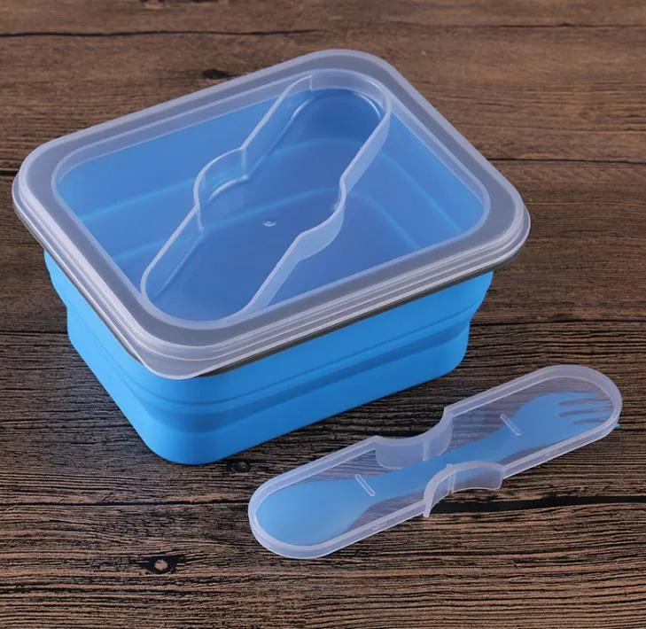 Opvouwbare siliconen lunchboxen met vork inklapbare lunchbox voedsel veilige container siliconen lunchboxen voor magnetron