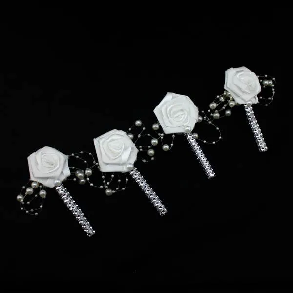 HandMade Groom Boutonniere White Ribbon Rose Wedding Bouquet Flower Groomsmen Corsages Party Prom Man Suit Accessories