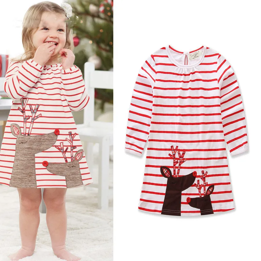 Baby Girls Christmas Deer Santa Claus Dress Cartoon Barn Stripe Princess Dresses Xmas Kids Kostym C2573