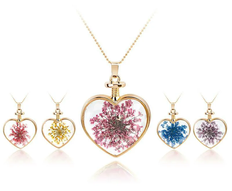 Kette-Halskette für Damen, modisch, transparentes Kristallglas, rund, schwimmendes Medaillon, getrocknete Blume, Silber-Anhänger, Medaillon-Halsketten