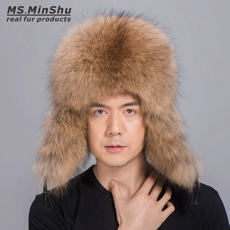 Genuine Raccoon Fur Hat with Sheepskin leather Outer shell Russian Fur Hat Unisex Fluffy Fur Earflap Hat Winter Head Warmer