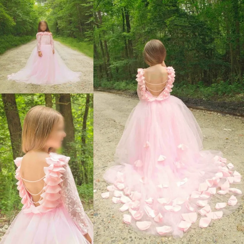 DHgate 2016 Backless Hot Junior Girls Pageant Gowns Lace Long Sleeves Tulle Princess Prom Party Dresses Pink Flower Girls Dresses For Wedding Wedding Party Events
