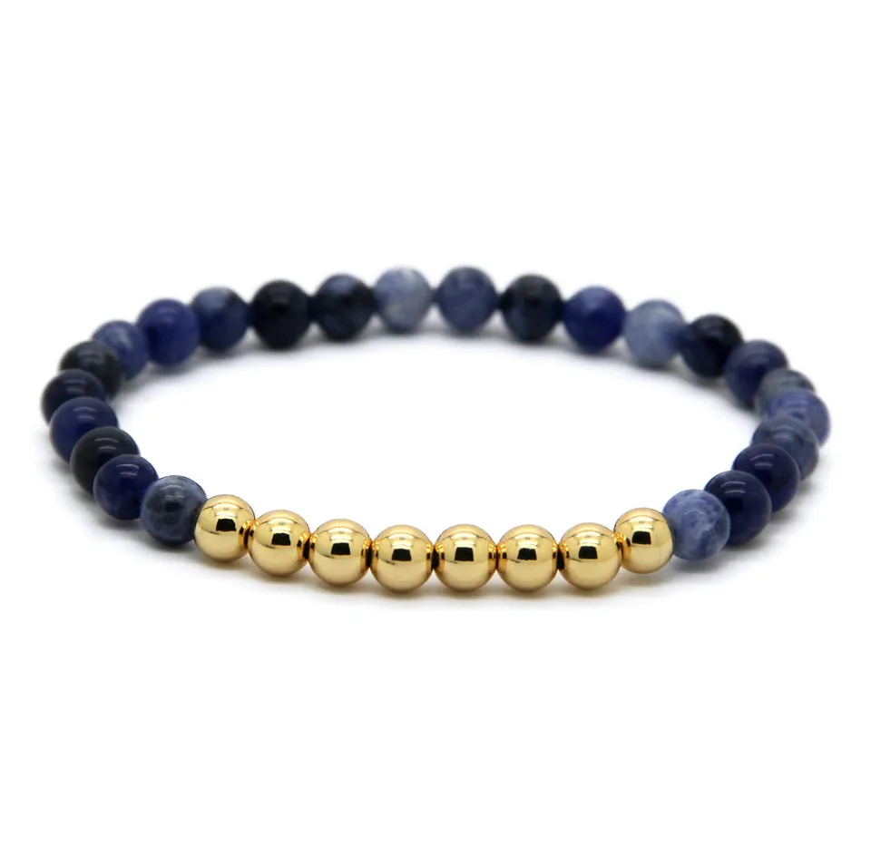 Hot Sale 6mm Natural Stone Beads Jewelry Real Gold Plated Round Copper Beads Men's Bracelets Best Gift