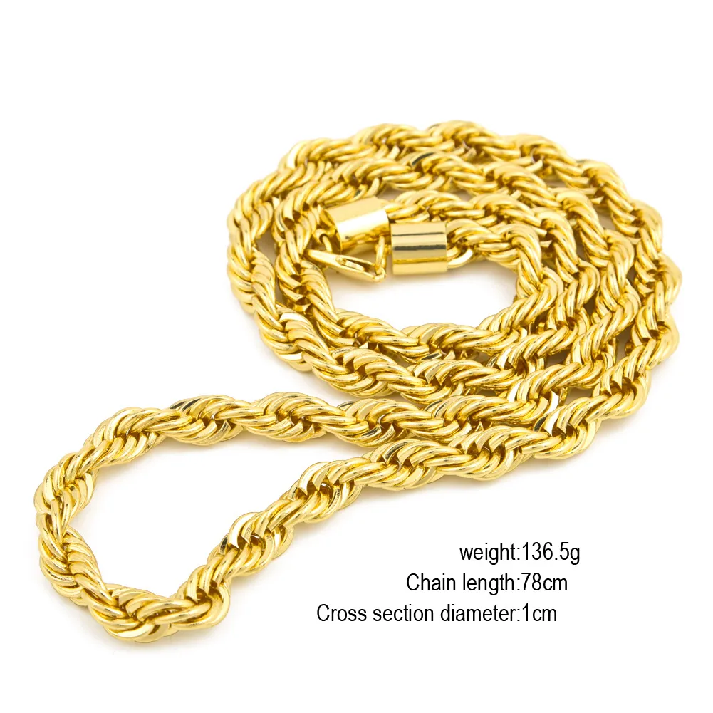 Chaîne à corde longue de 10mm d'épaisseur et 76cm, plaqué or 24K, collier lourd Hip hop pour hommes, 219g