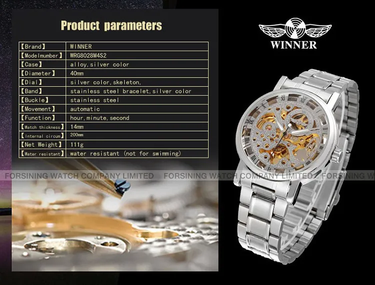 2022 Zwycięzca marka luksusowa męska zegarek szkieletowy pełny stal auto mechaniczne zegarki biznesowe