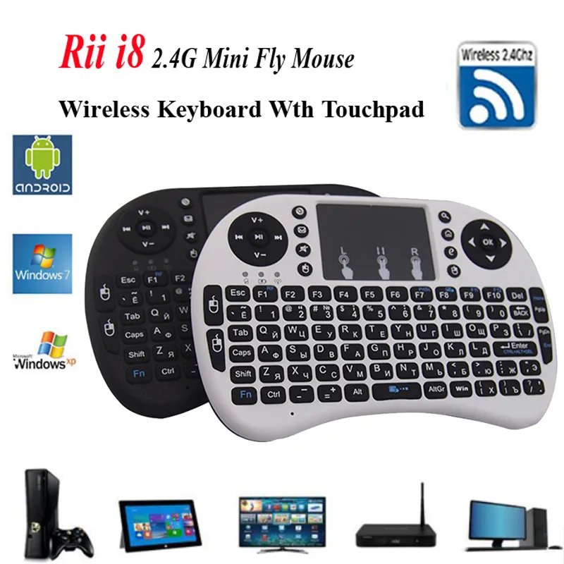 Rii I8 Trådlöst engelskt tangentbord med pekplatta 2.4G Multi-Media Fly Air Mouse Fjärrkontroll För PC/Andriod TV Box/Xbox360 Inbyggt litiumjonbatteri