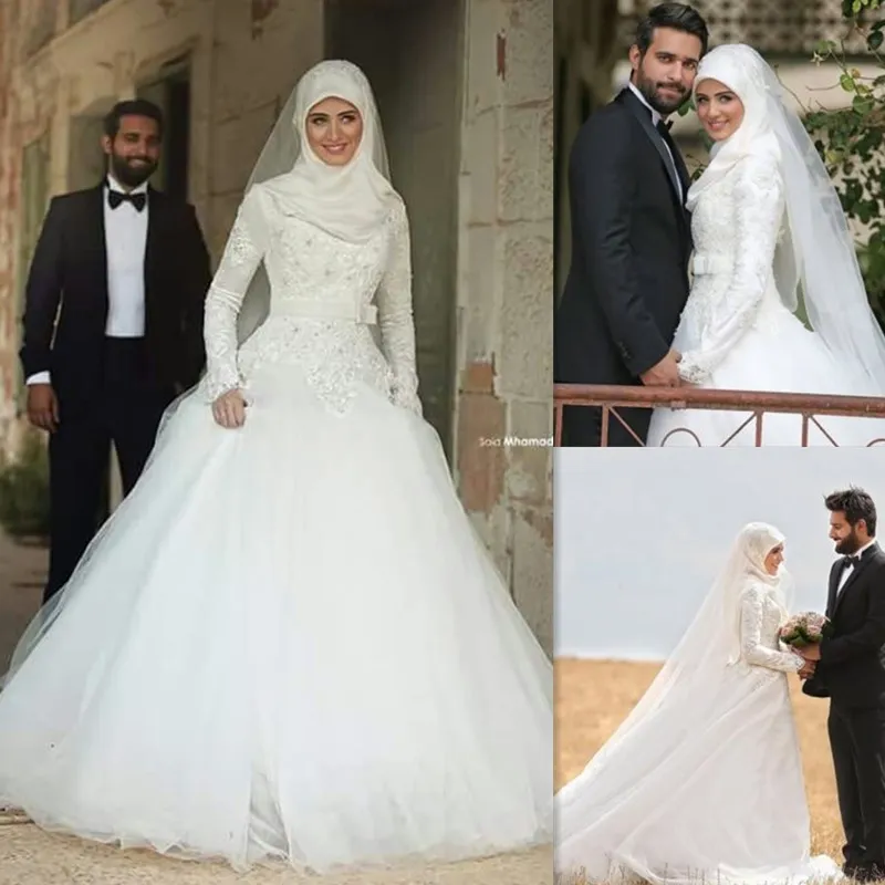 Arabic Wedding Dresses 2016 Lace Beaded Long Sleeves High Neck Bridal ...