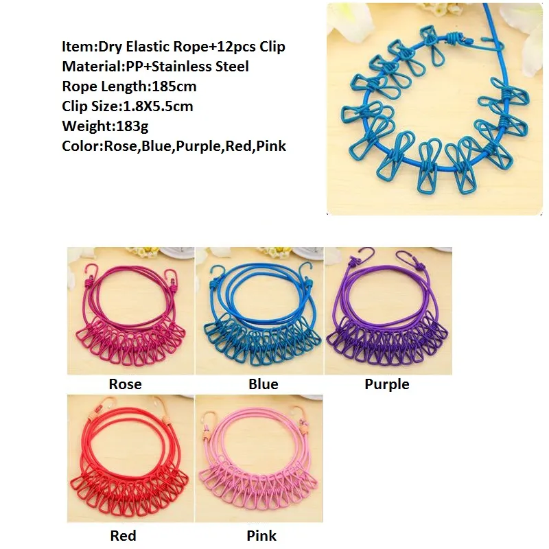1.85 m de comprimento corda elástica portátil seco corda cabo com 12 clipes robe ganchos acessórios do banheiro ao ar livre camping suprimentos za0891