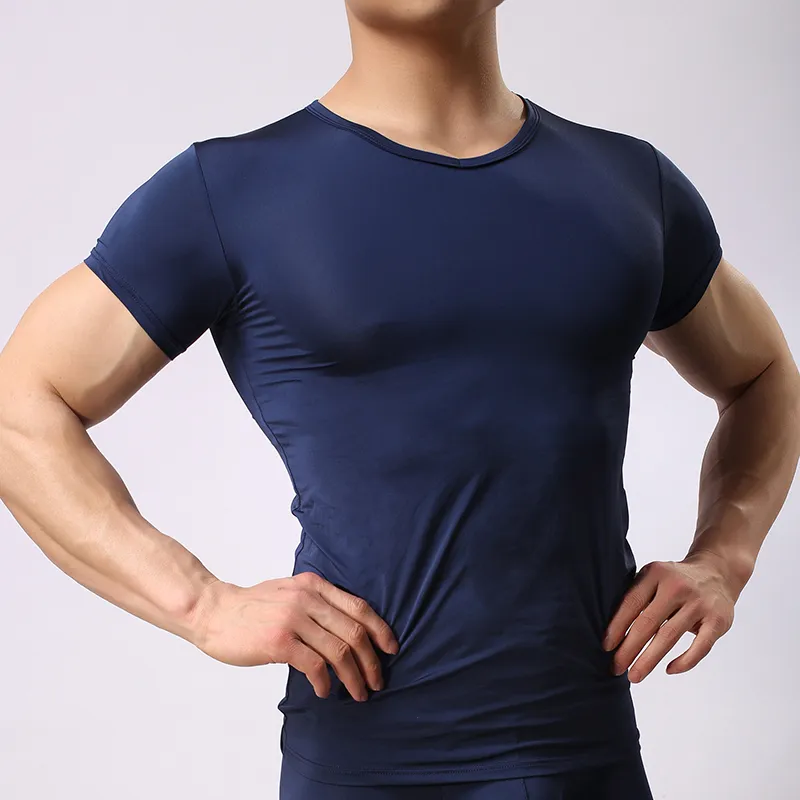 Man Undershirt Ice Silk Ultra-thin Spandex T-Shirts Male V-neck Thin Short Sleeves Tops Underwear Breathable Quick Dry Slimming Tank Tops
