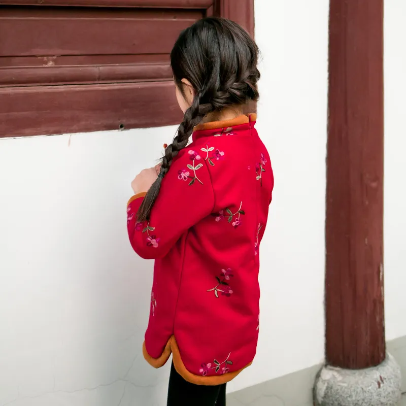 2018 nyår flickor klänningar kinesisk stil tjejer broderade cheongsam klänning höst vinter tjejer kläder barn kläder tjock baby kläder