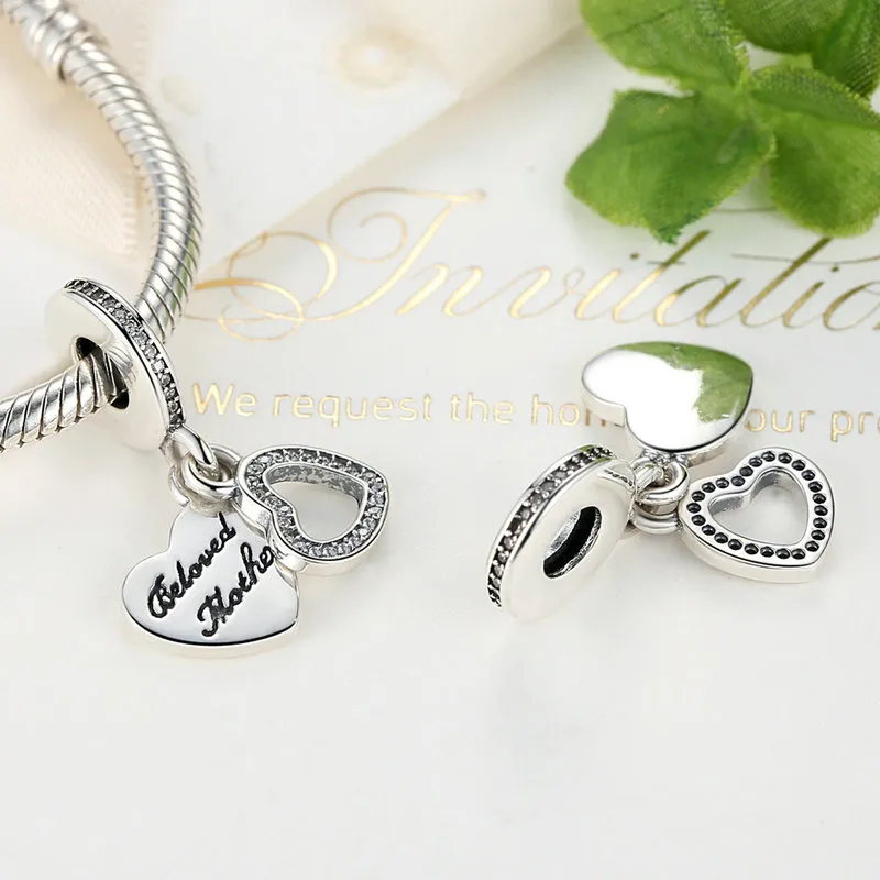 Älskade Mother Hearts Pendant Dangle Charms äkta 925 Sterling Silver med Clear CZ för stil DIY Tärrutad charmarmband S3154015521