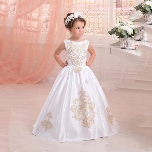 Robes de première communion blanches arabes pour petites filles, avec des appliques dorées, robe de bal, robes de demoiselle d'honneur pour mariages, robes de concours sur mesure