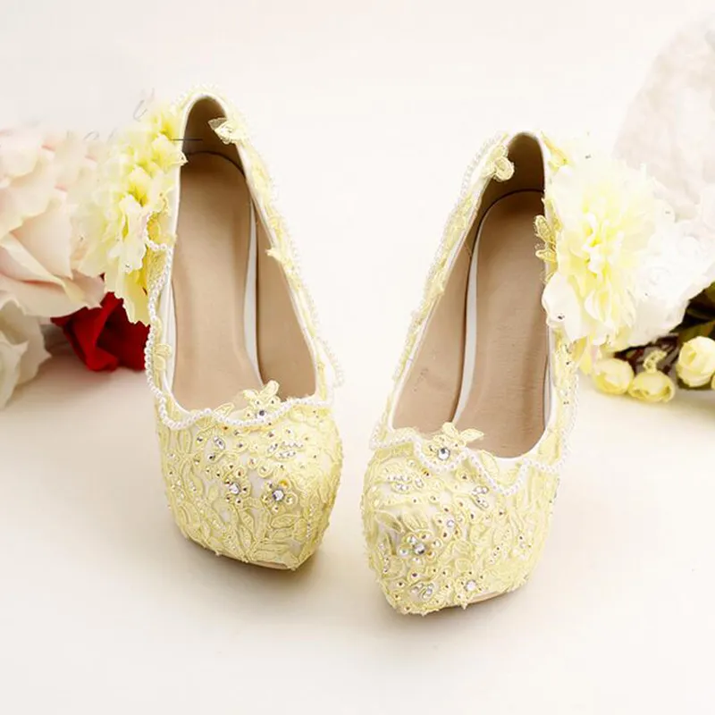Pure Yellow Bride Shoes High Heels Platform Dress Shoes Lace Flower Rhinestone Wedding Shoes Bridal Pumps Stiletto High Heel
