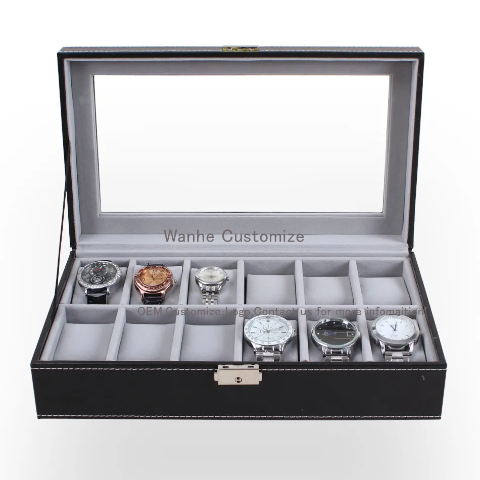 Wanhe caixas de embalagem fábrica fornecimento profissional 12 grades slot caixa relógio exibição organizador vidro superior jóias armazenamento organizador bo290z
