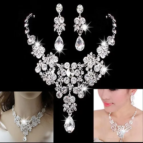 2021 Hot Selling Women Fashion Korean Style Crystal Bröllop Örhängen Justerbart Hänge Halsband Bridal Smycken Billiga Gratis frakt