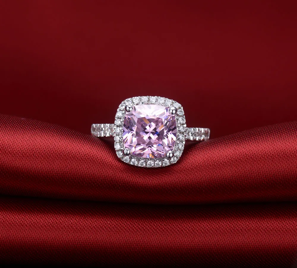 Vecalon Modering Cushion Cut 3ct Pink Cz Diamant Verlobung Ehering für Frauen 925 Sterling Silber Fingerring R357