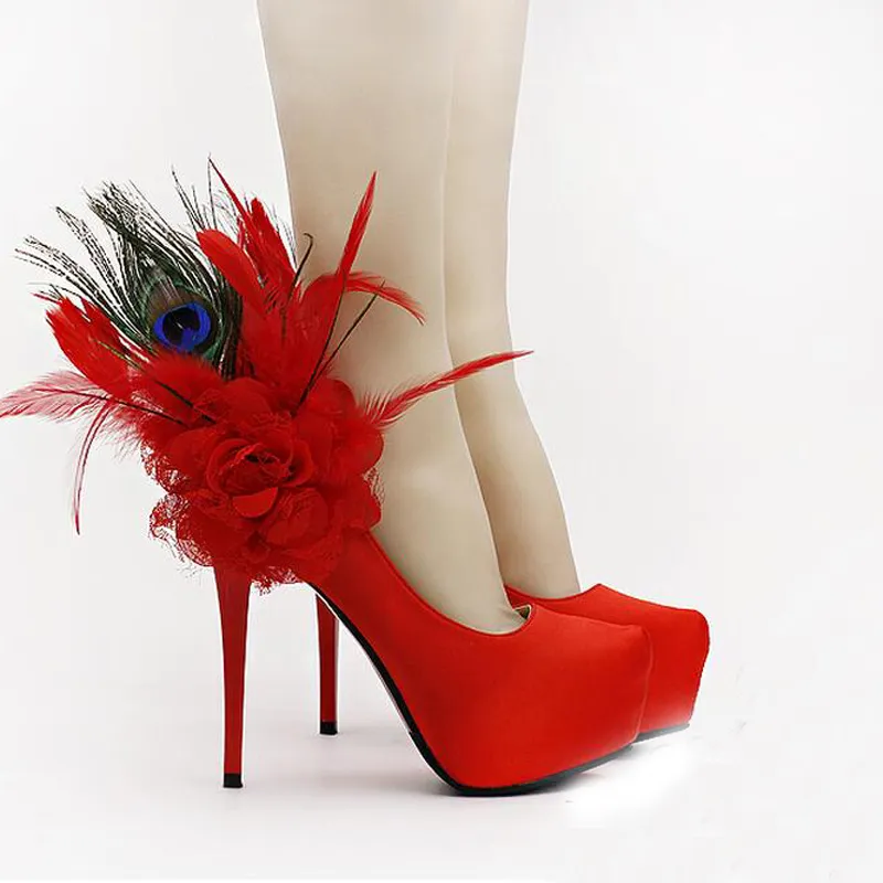 الأزياء الأحمر الأزهار ريشة الأحذية الزفاف الأزياء أوترا عالية الكعب منصة اللباس مضخات أحذية نسائية لحفل حفل زفاف