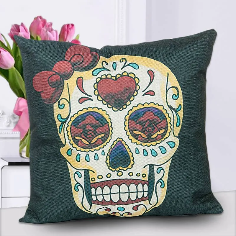 18quot Colourful Skull Head Cotton Linen Throw Pillow Case Cushion Case Cover Square Decorative Pillows for Home Car Sofa9996801