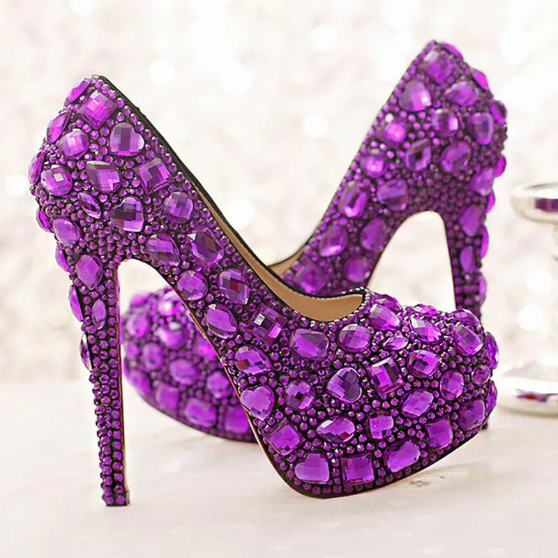 Scarpe da sposa in cristallo viola Piattaforme tacco alto Belle scarpe fatte a mano con strass Scarpe da festa di lusso Pompe da ballo di lusso
