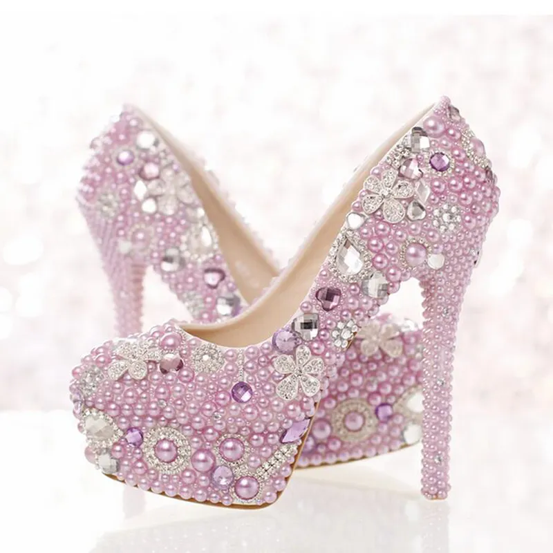 Belle lavande violet perle chaussures de mariée événement spécial fête talons hauts femmes robe de bal chaussures magnifiques strass pompes