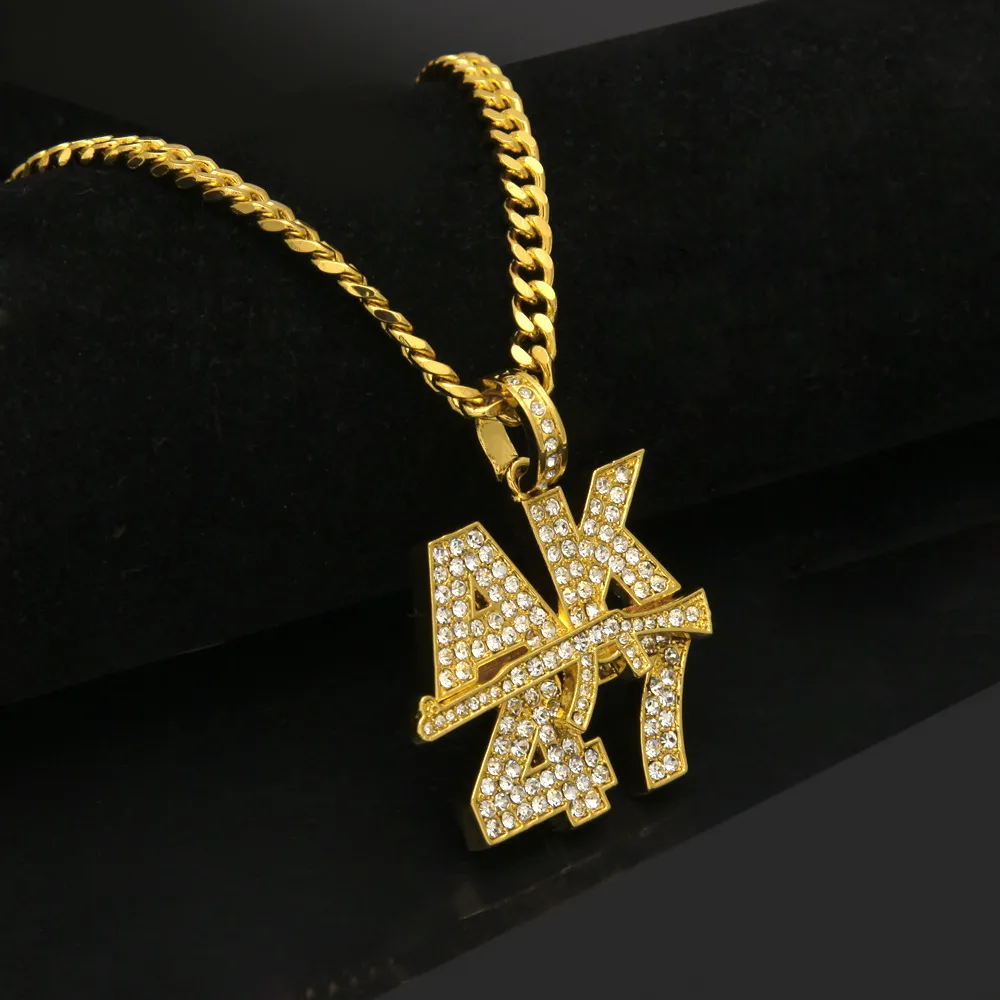 Mens 18k Or Argent Plaqué Glacé Cz Hip-Hop AK47 Logo Mitraillette Pendentif Collier avec 5mm 27 "long Chaîne Cubaine Collier Bijoux De Mode