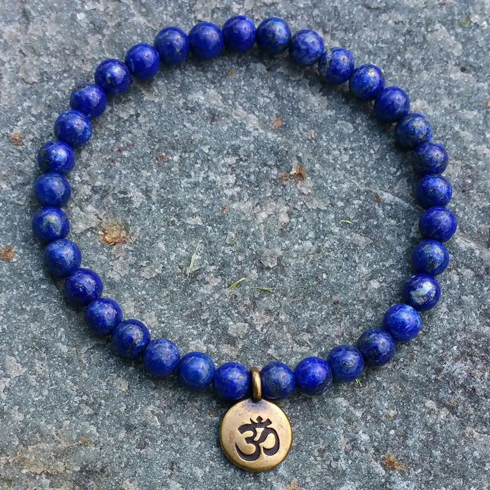 SN1106 Toptan El Yapımı Boncuklu Bilezik 6mm Lapis Lazuli Doğal Taş Boncuk Antik Pirinç Ohm Lotus Buda Charm Bilezik