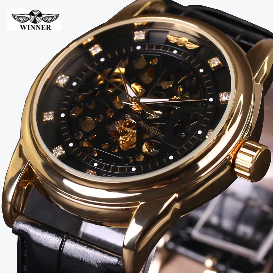 2024 New Top Luxury WINNER Brand Men Watch Automatic Self-Wind Skeleton Watch Black Gold Diamond Dial Men Business Wristwatches