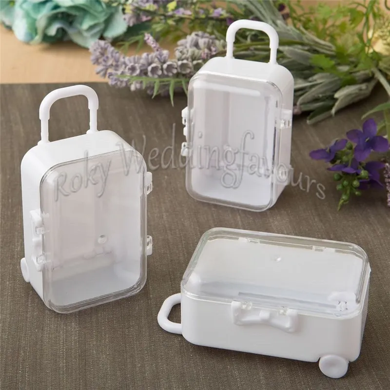 ENVÍO GRATIS 12 UNIDS Acrílico Blanco Mini Rolling Maleta de Viaje Caja de Dulces Baby Shower Favores de Boda Fiesta Dulce Mesa Decoraciones Suministros Regalos