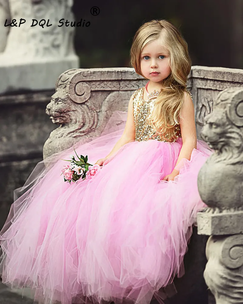 Pink And gold Sequined Flower Grils Dresses Scoop Open Back Ball Gown Floor Length Soft tulle Girls Party Dresses Champagne,Mint Cheap