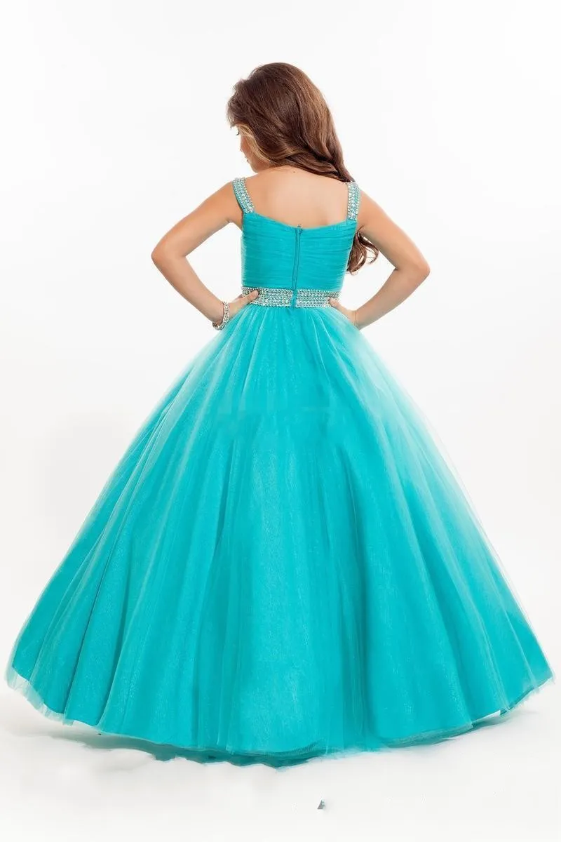 2016 New Mint Turquoise Girls Pageant Dresses Sweetheart Crystal Beaded Ball Gown Long Sweep Train Kids Girls Dress Birthday Communion Gowns
