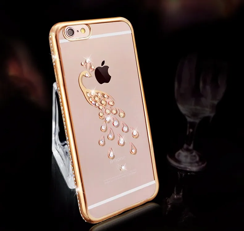 Luxe Bling Soft TPU Case pour Apple iPhone 5S SE Gold Silicon Back Cover Celular pour iPhone 5 Swan Peacock Pattern Case pour 5SE