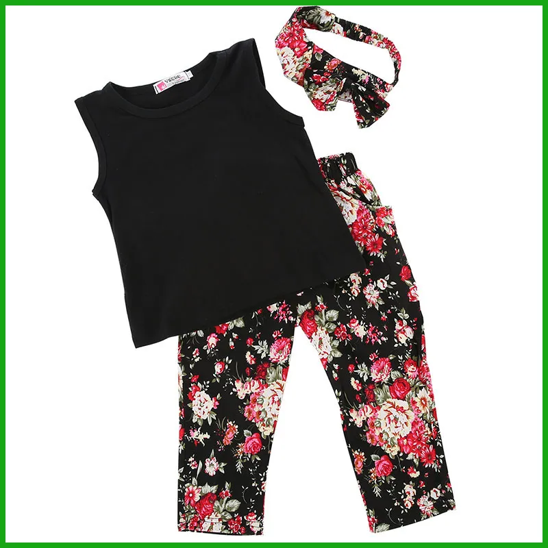 Moda stil sıcak satış ile kızlar siyah t-shirt kısa kollu çiçek pantolon çiçek heascraf üç adet kız giyim suits
