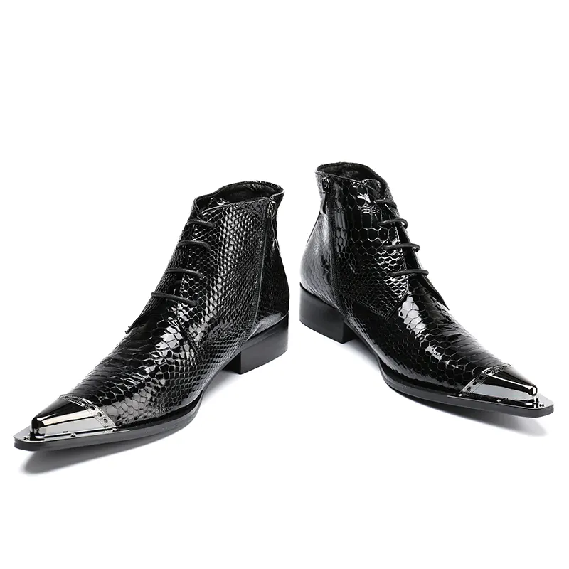 Itlian Tipo Bonito Elegante Homens Negros Botas Curtas de Metal Toe Lace-up Botas de Homens Ankle Boots de Couro Antumn Inverno, tamanho Grande 38-46