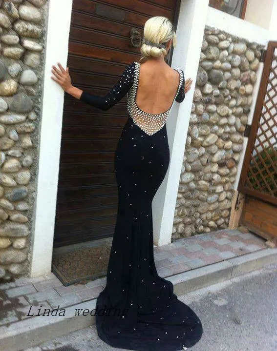 2019 Low Back Prom Dress With Long Sleeves Good Quality Black Colour Chiffon Floor Length Formal Evening Party Gown