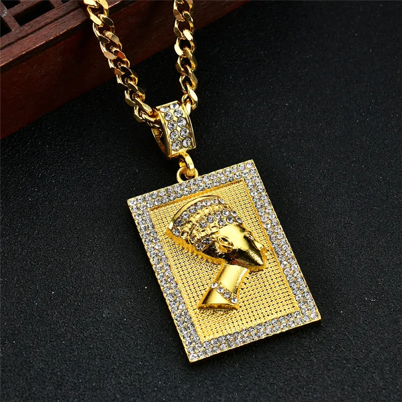 Hiphop Egyptian Pharaoh Necklace Gold Color Pendant Square Card Stainless Steel Cuban Cuban Chain Gift