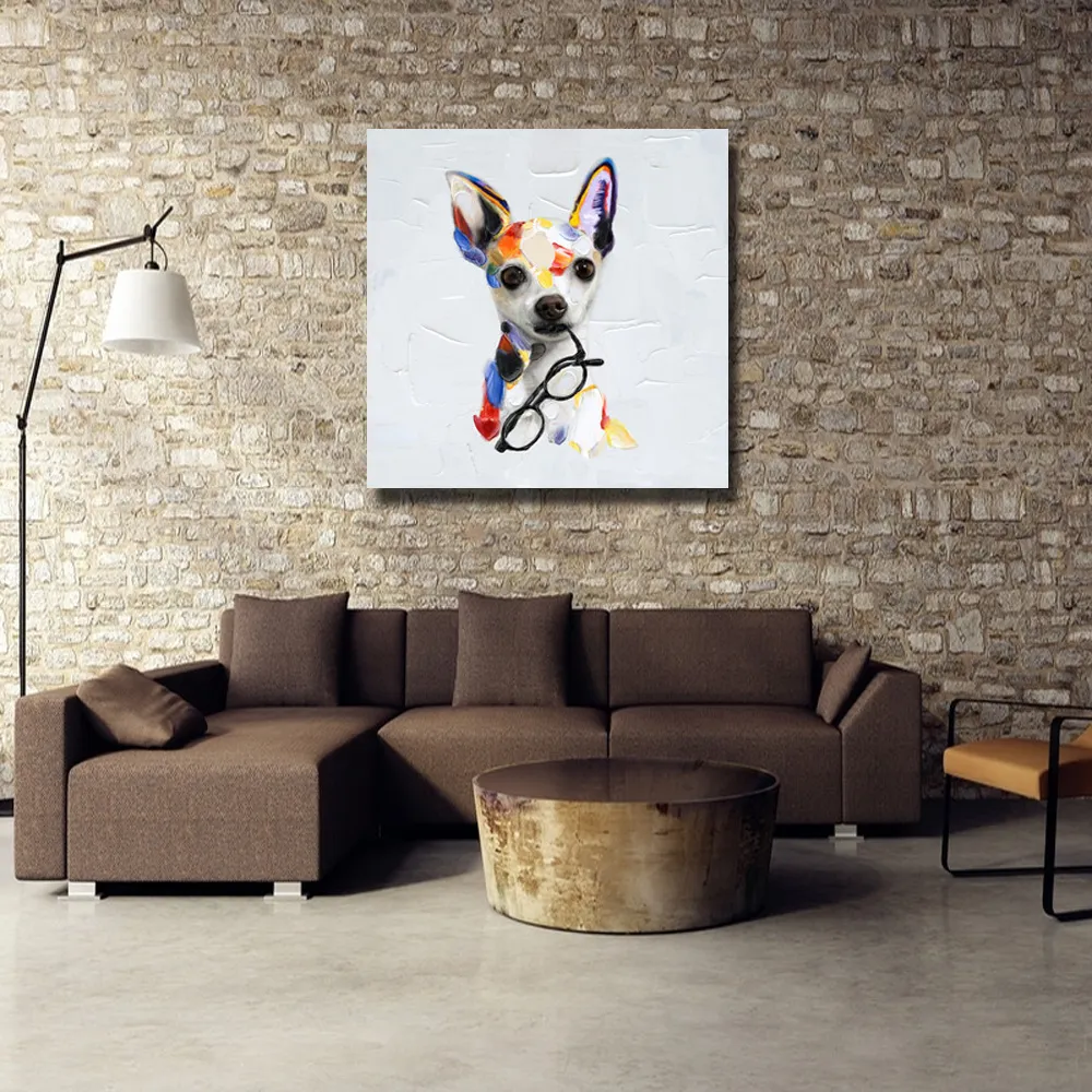 Moderne Tierbilder auf Canvas Wohnkultur Wohnzimmer Wandbilder süßer Hund mit der Brille Ölmalerei 1 Peice No Framed4582968