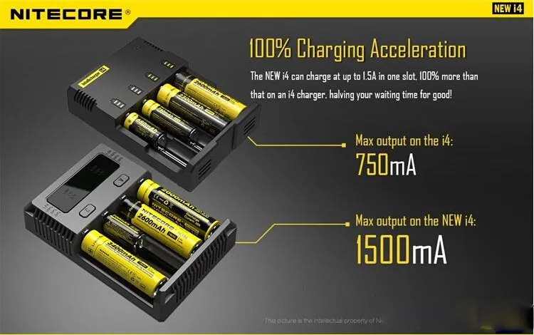 100% authentieke nitcore nieuwe I4 IntelliChArger Universal 1500mAh MAX-uitgang E CIG-opladers voor 18650 18350 26650 10440 14500 Batterij