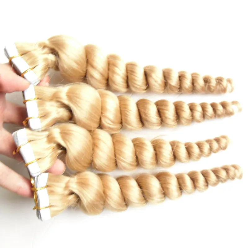 Kolor # 27 Truskawka Blondynka Brazylijski Luźna Fala Włosy Skóry Weft Hair Extensions 80 szt 200g Tani Taśma w przedłużaniu włosów