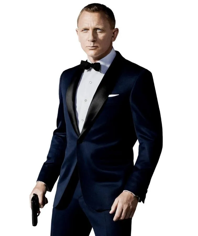 Classic Navy Blue Män Passar För Fest Bröllop Billiga Slim Fit Sjal Lapel Groom Tuxedos Jacka + Byxor + Slips