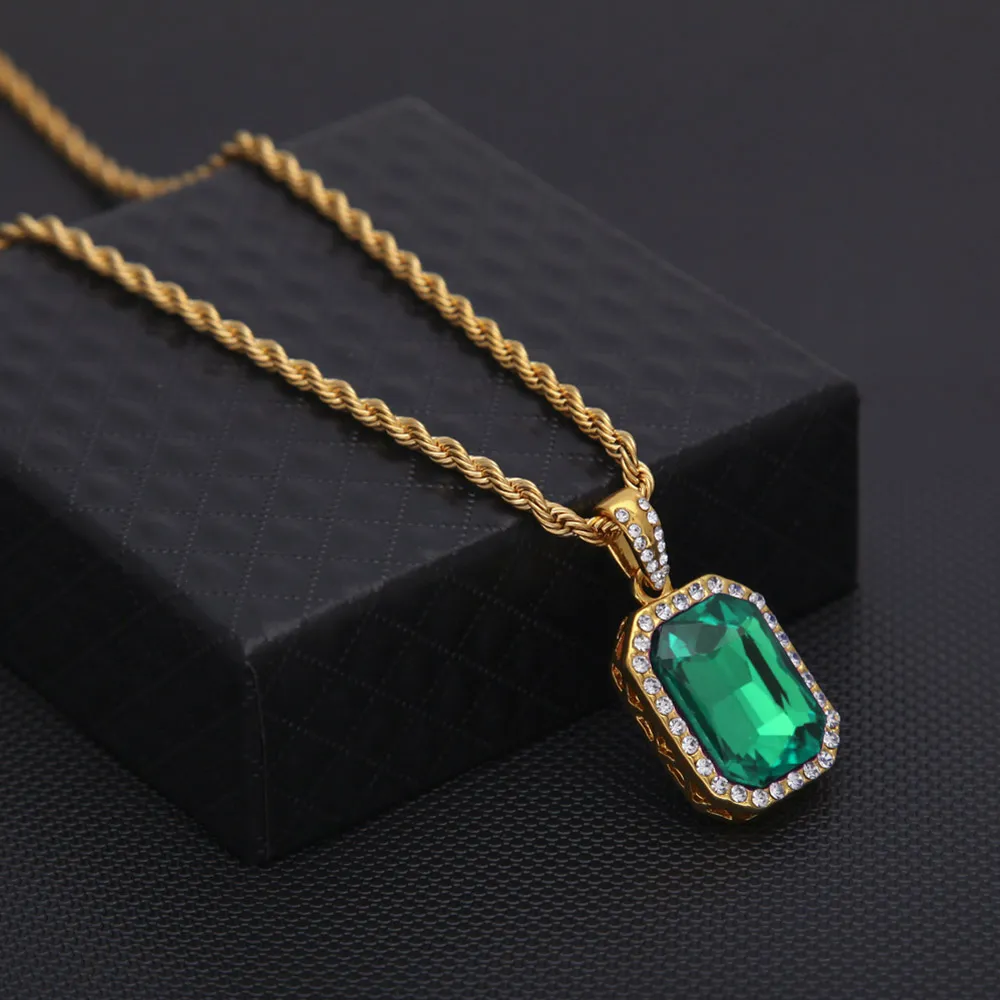 Blackredbluegreen Gemstone Pendants ed Chain Necklace Men Women Mini Ruby Hip Hop smycken Iced out49038832233438